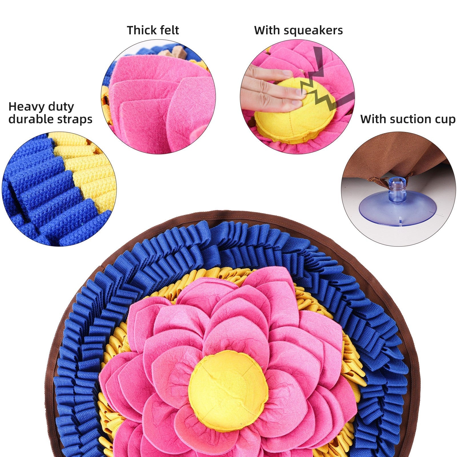 Colorful flower-shaped snuffle mat with features highlighted on a white background