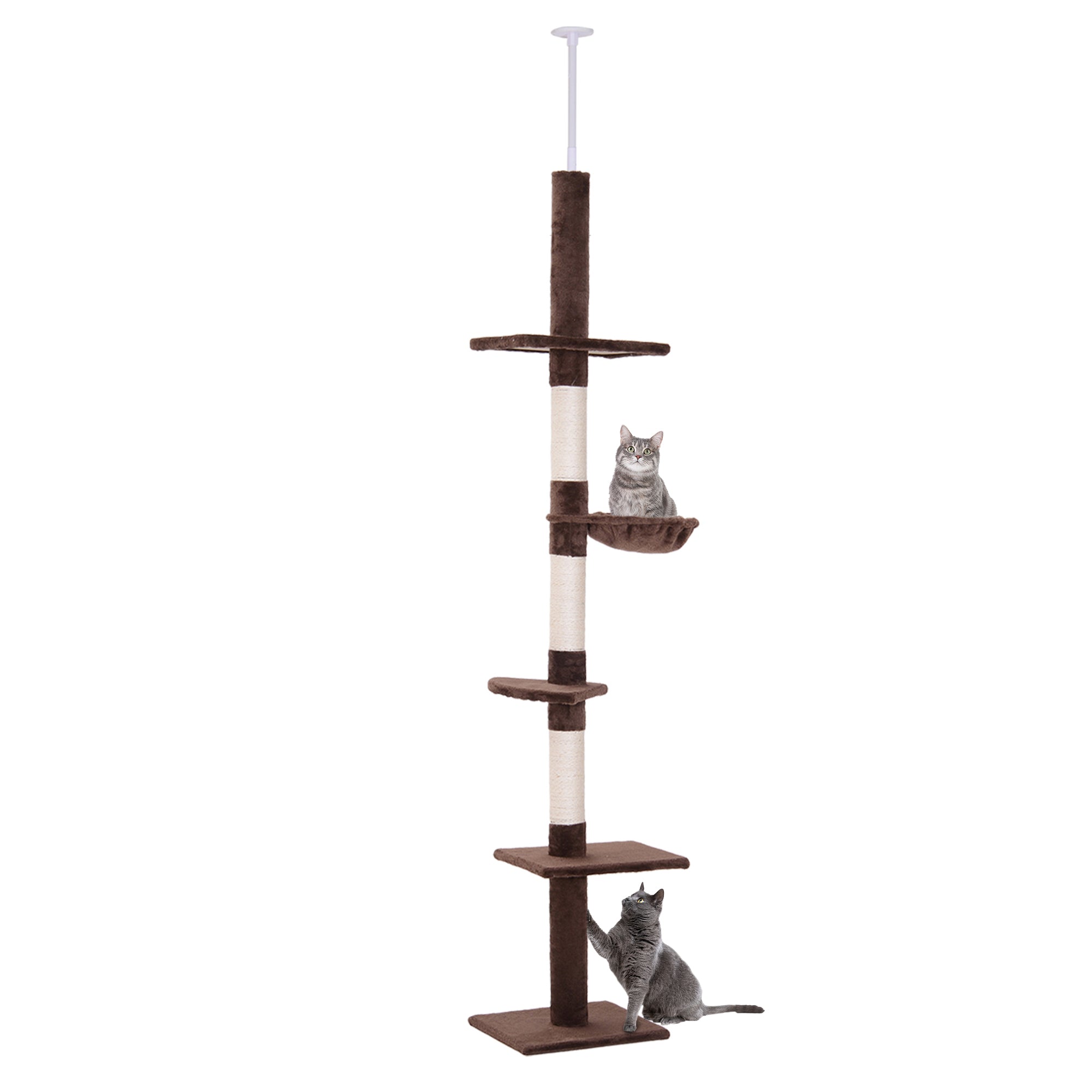 Cat tree with multiple levels and shelves on a white background