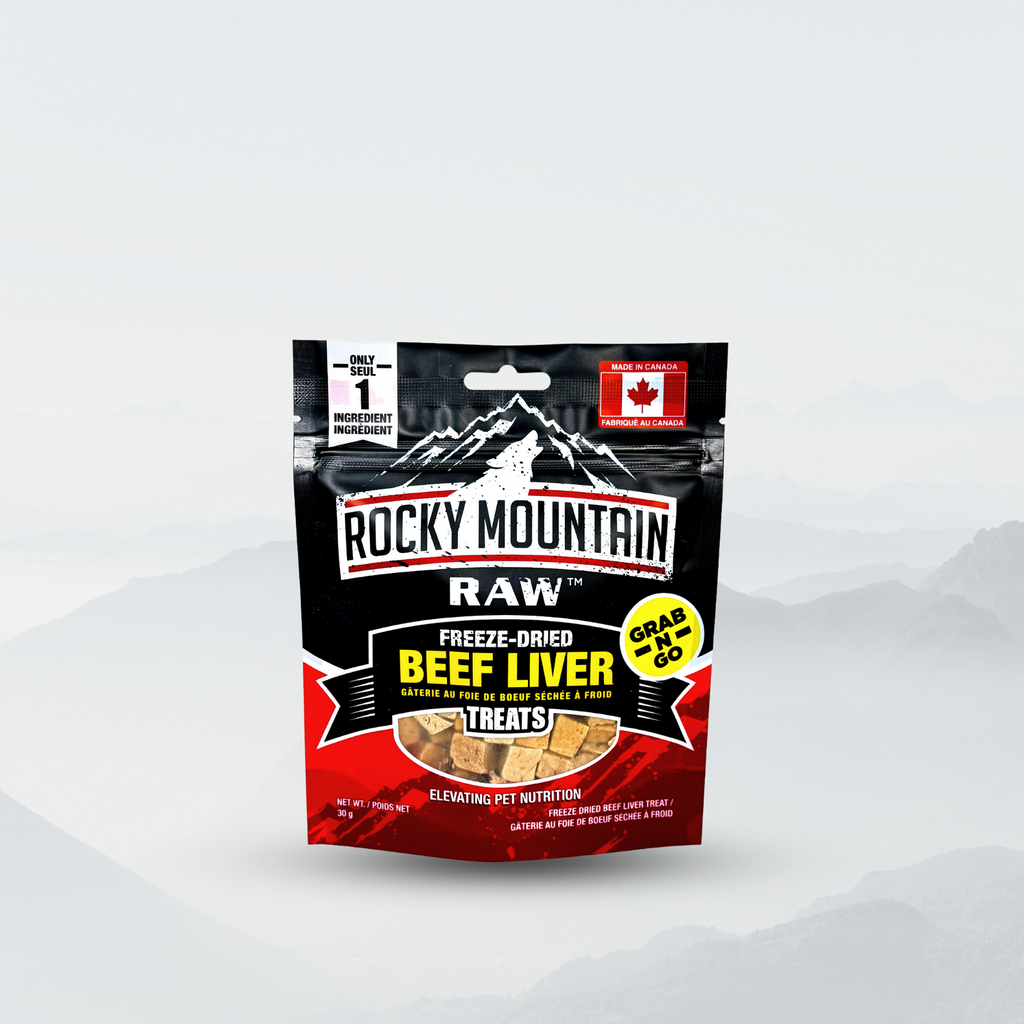 Packaging of Rocky Mountain Raw freeze-dried beef liver treats on a white background