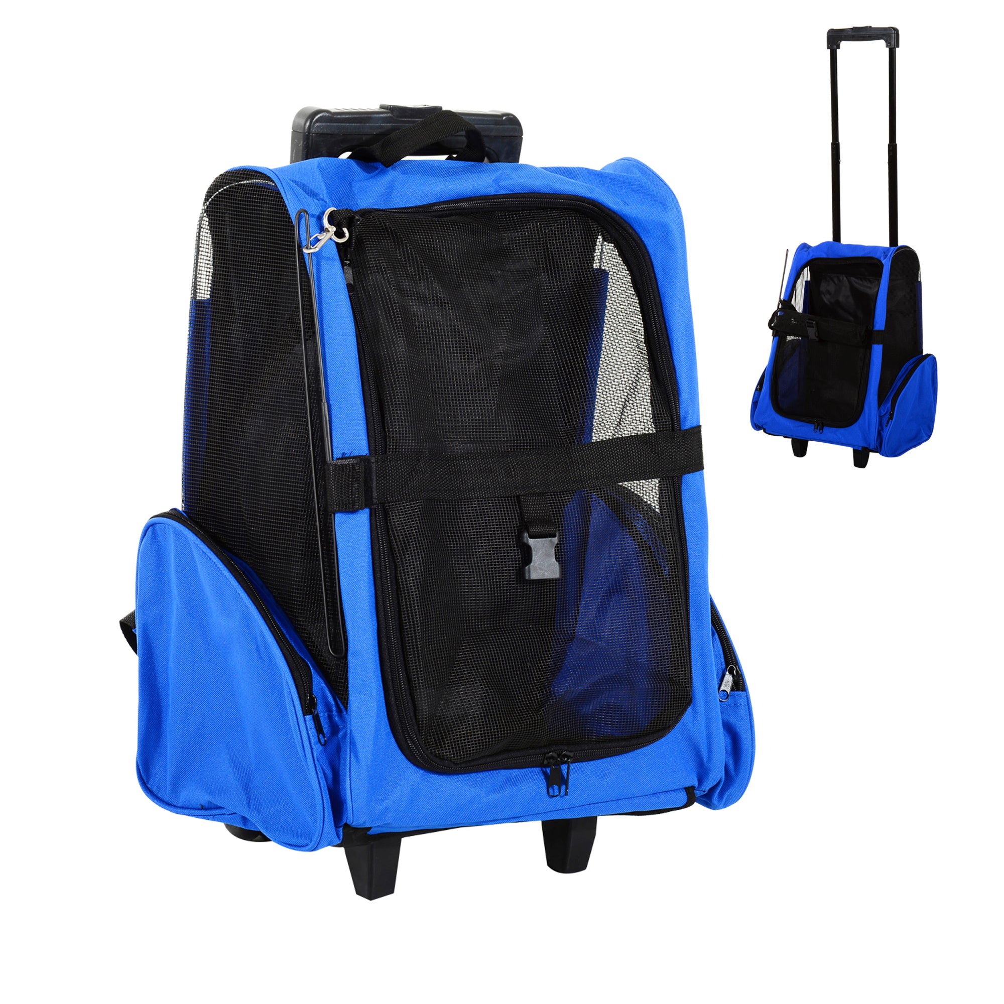 Blue pet travel backpack carrier on a white background