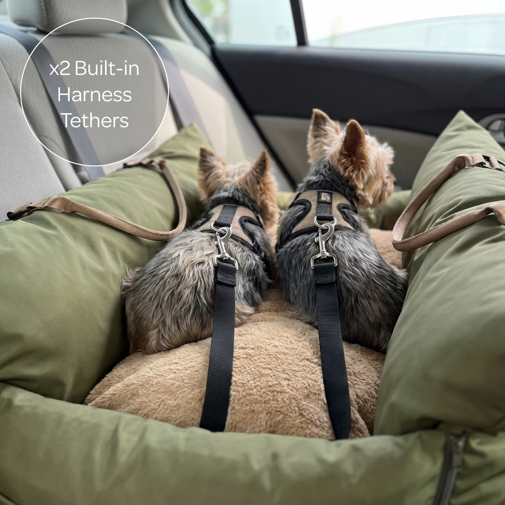 Two dogs in a car seat with built-in harness tethers on a green cushion.