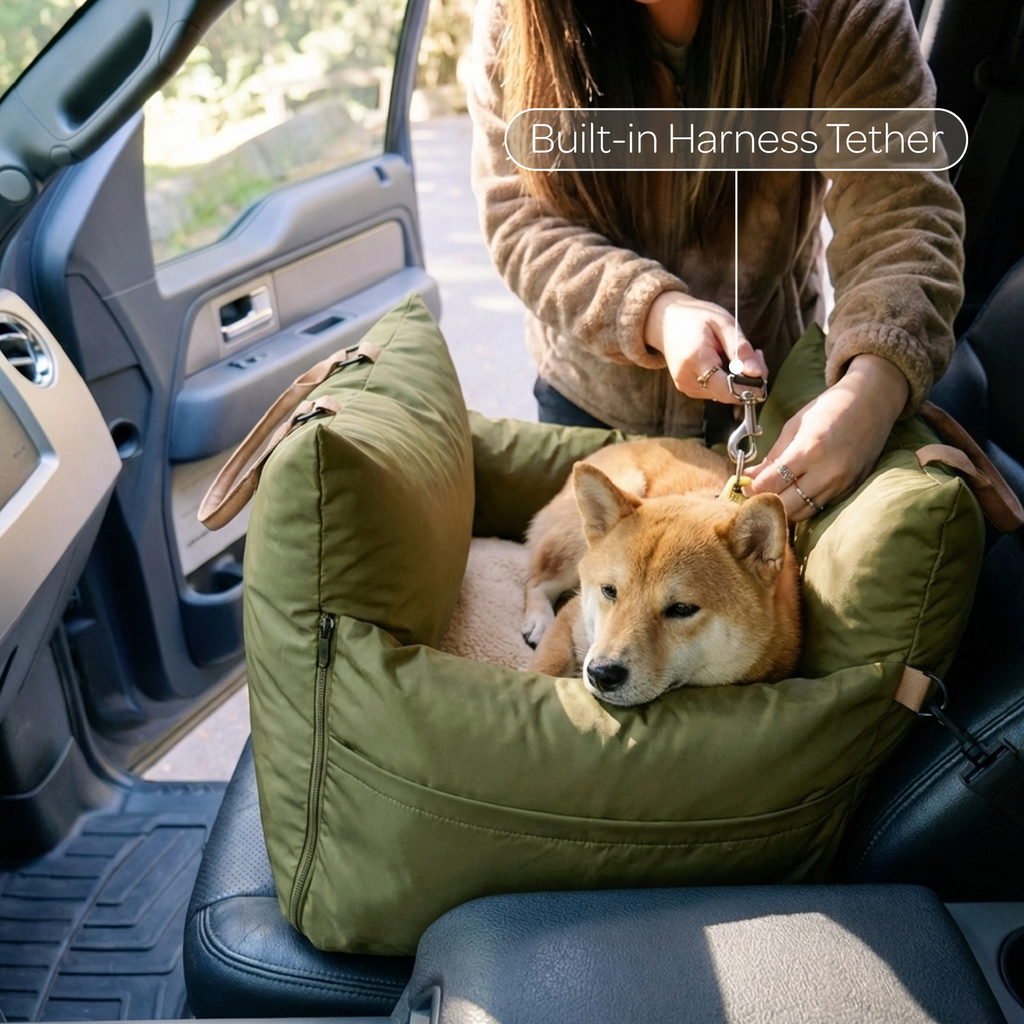 Dog in a green car seat with a built-in harness tether, sitting in a vehicle.