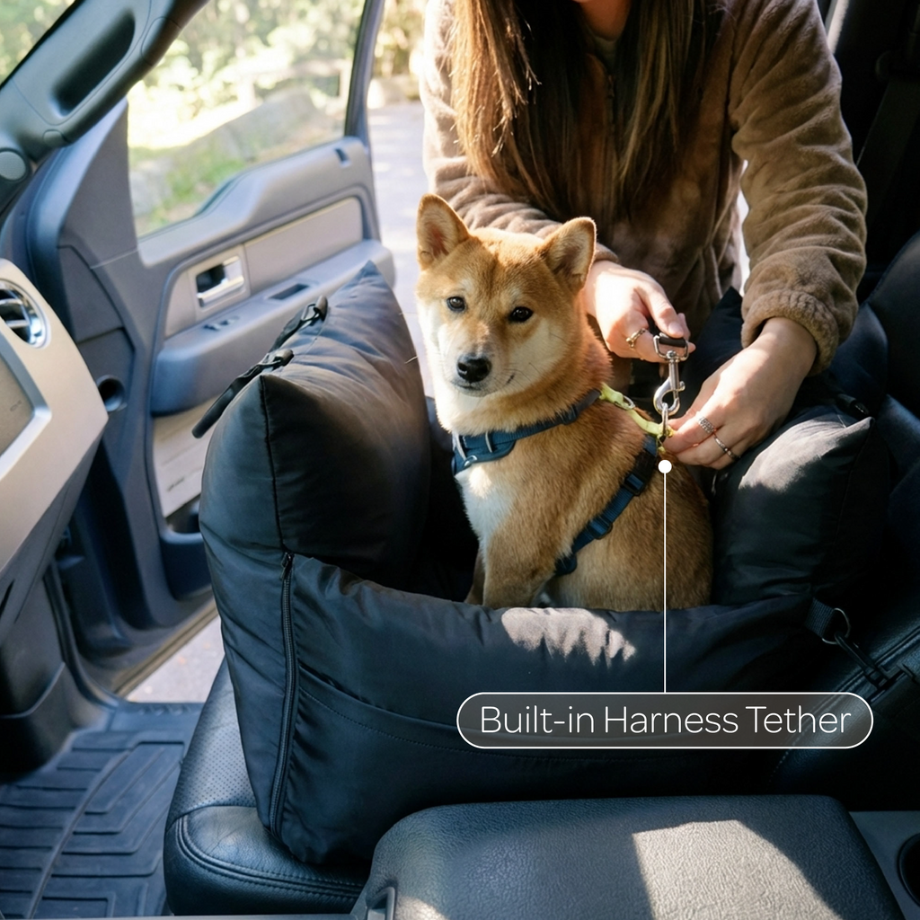 Person with a dog in a car using a pet seat cover with a built-in harness tether.