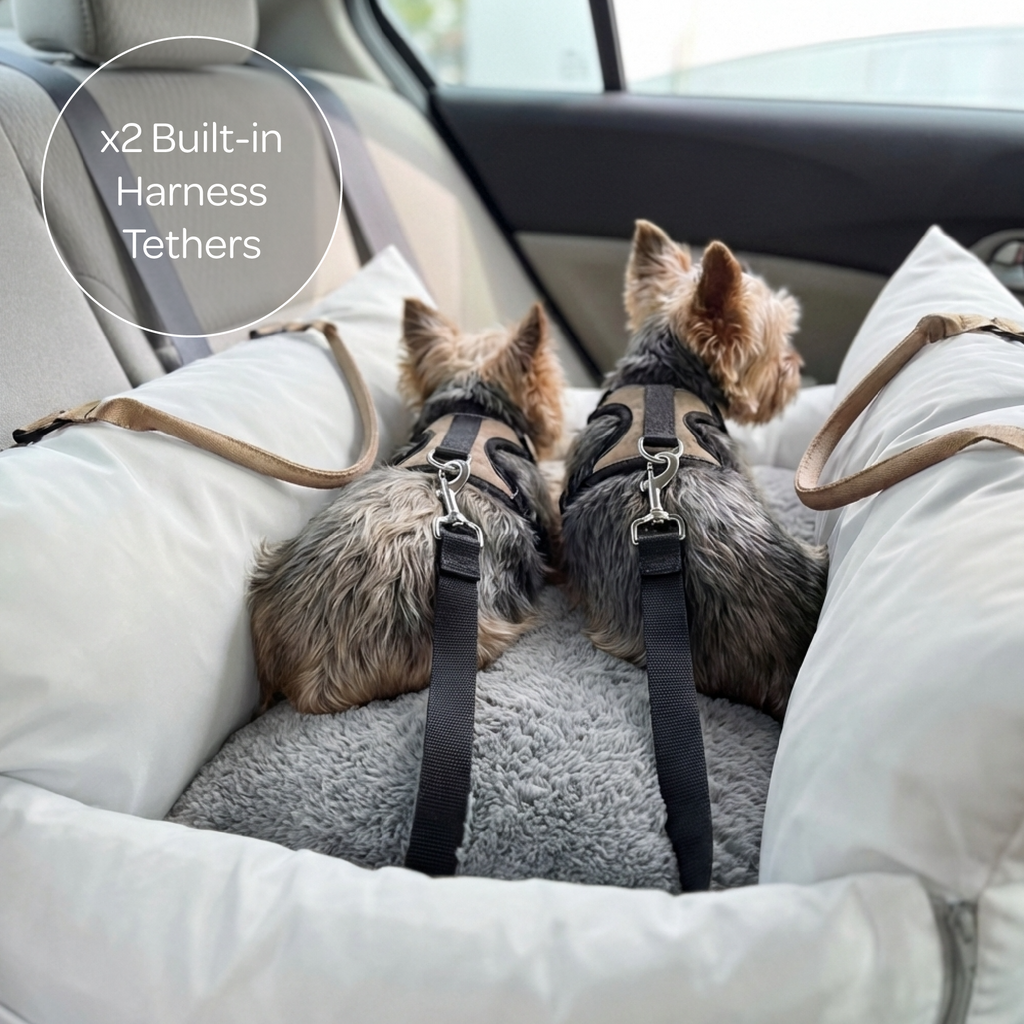Two dogs in a car seat with built-in harness tethers.