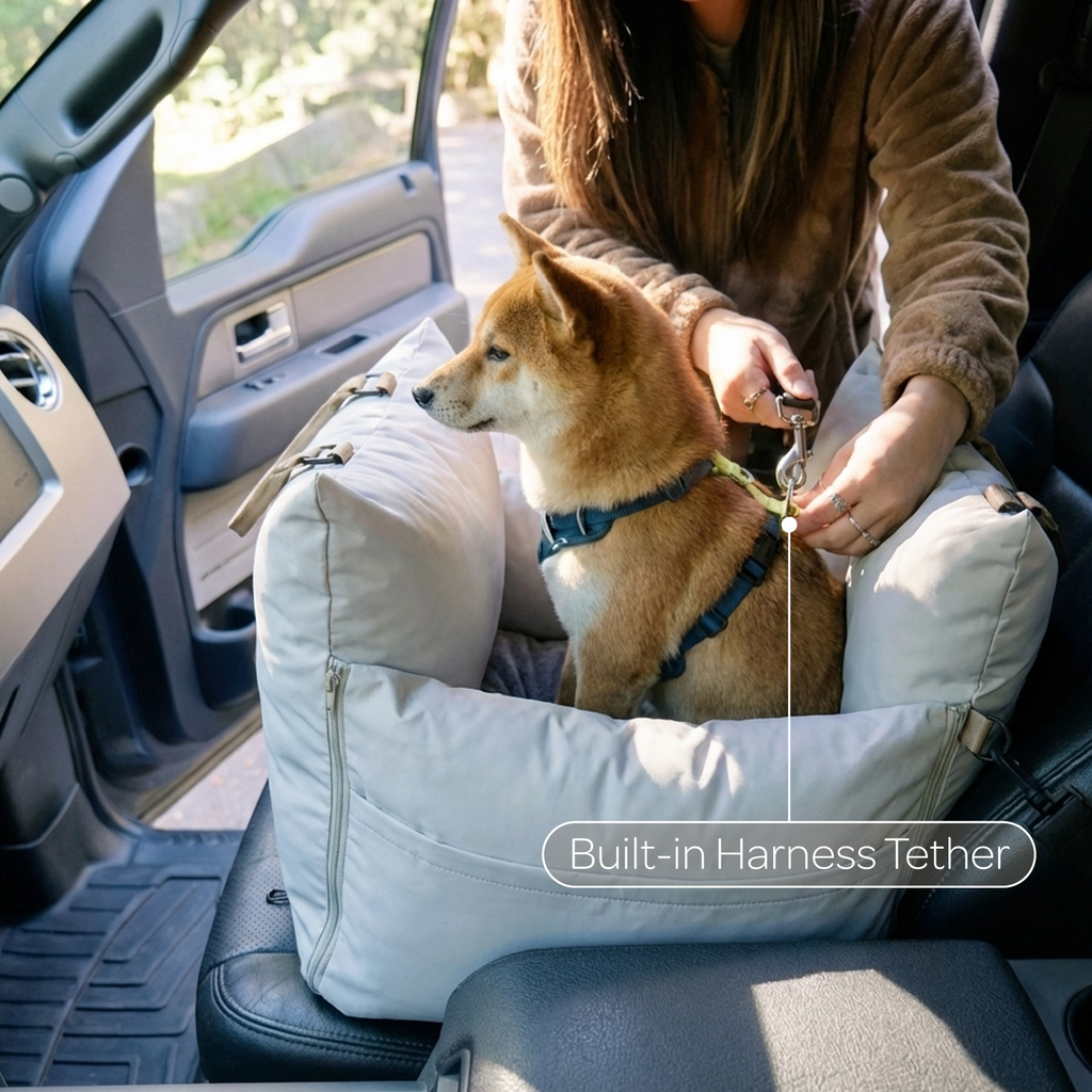 Person sitting in a car with a dog on a pet seat, highlighting a built-in harness tether.