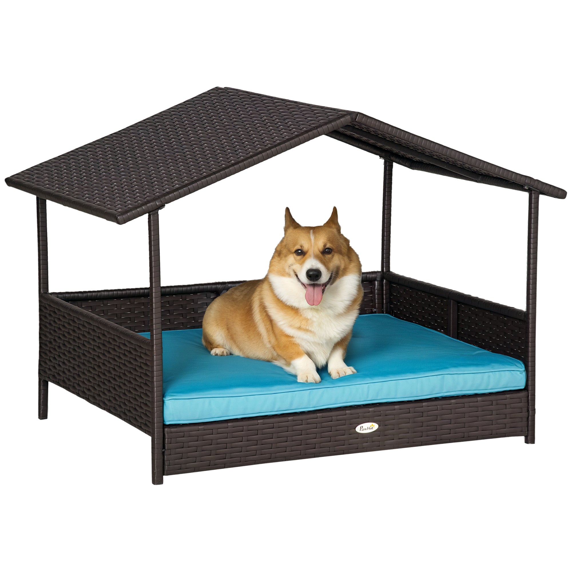 Dog lying on a rattan pet house with a blue cushion on a white background