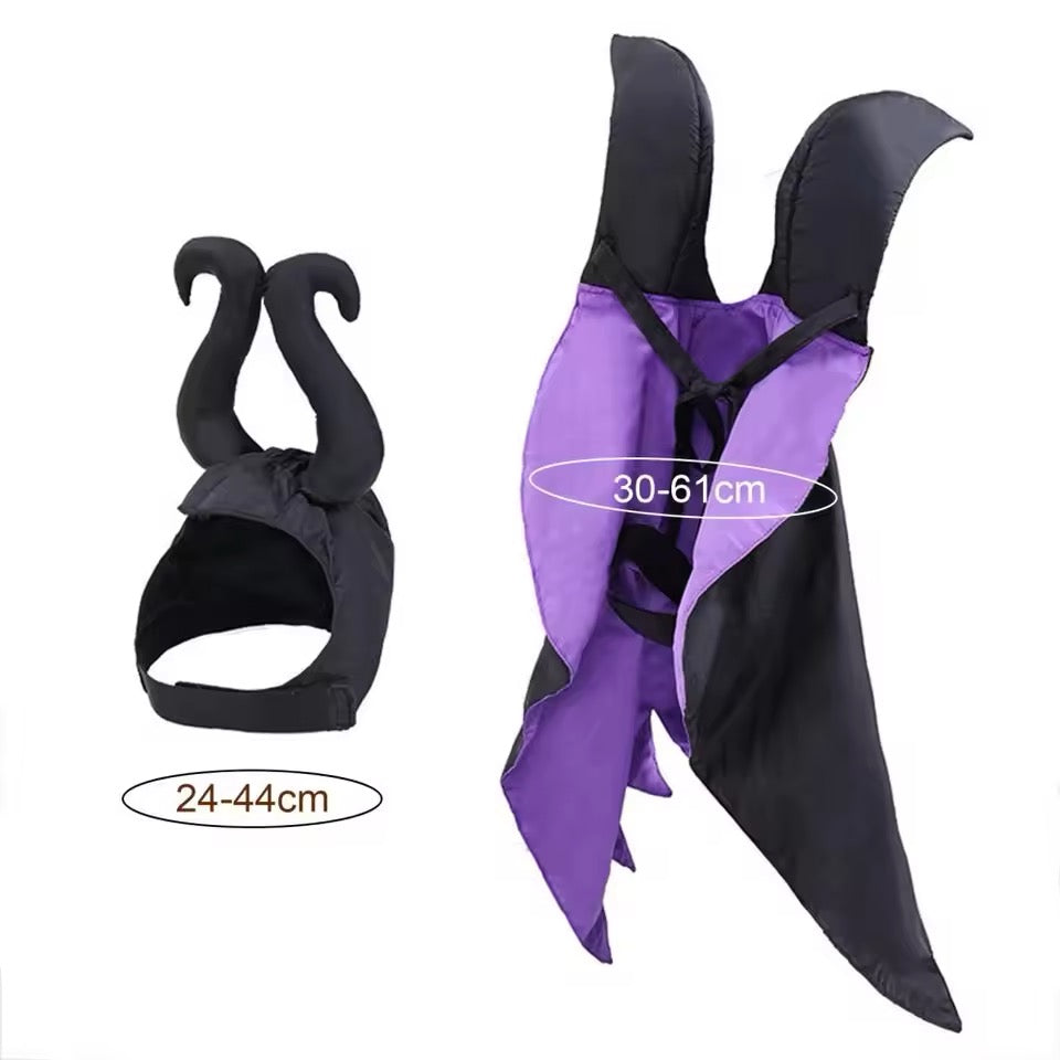 Black and purple pet halloween accessory with measurement details on a white background