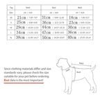 Dog clothing size chart with measurements in centimeters and inches, and a diagram of a dog's neck, bust, and back.