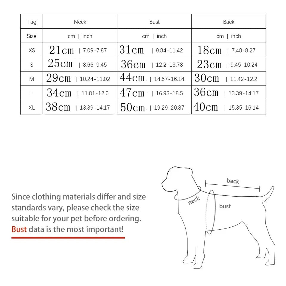 Dog clothing size chart with measurements in centimeters and inches, and a diagram of a dog's neck, bust, and back.