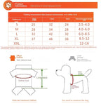 Product information chart for dog clothing sizes with measurements and weight recommendations.