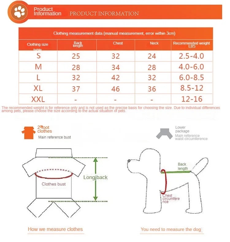 Product information chart for dog clothing sizes with measurements and weight recommendations.