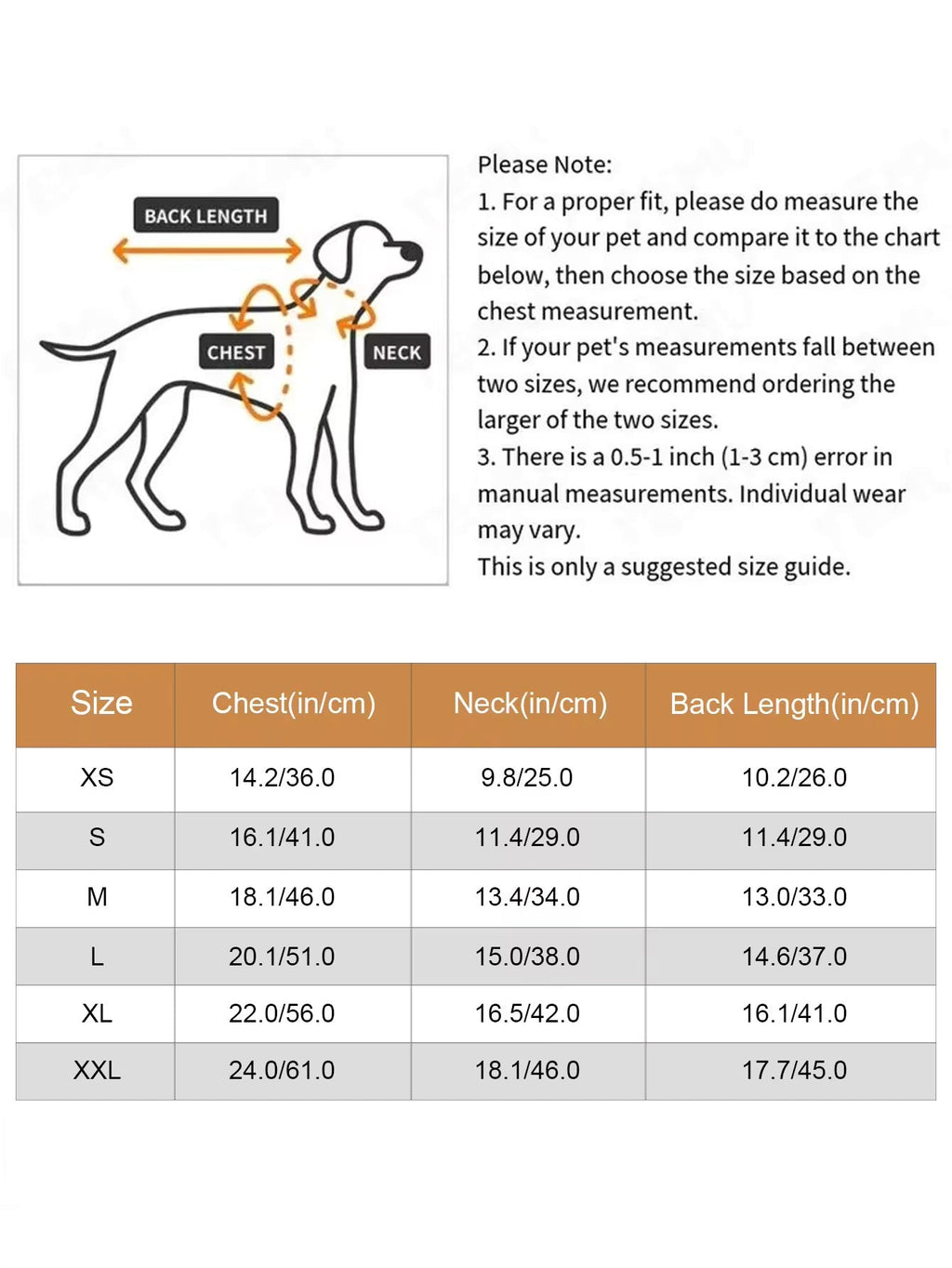 Dog size chart with measurements for chest, neck, and back length on a white background.