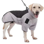 Dog wearing a gray and black winter coat on a white background