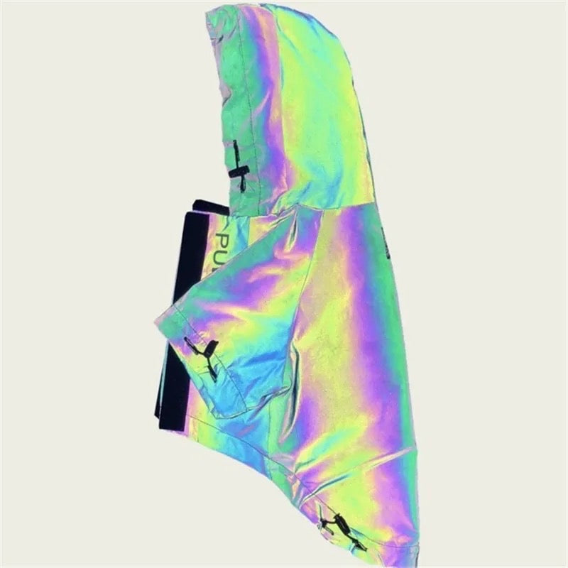 Holographic jacket with a brand logo on a light gray background