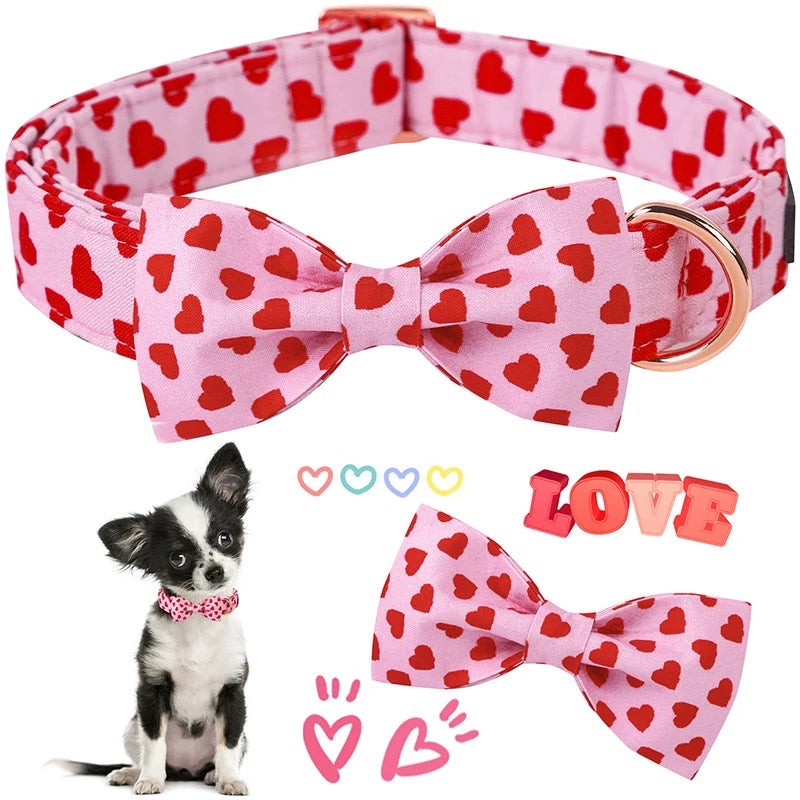 Dog collar with red heart pattern and bow tie, accompanied by a small dog, on a white background.