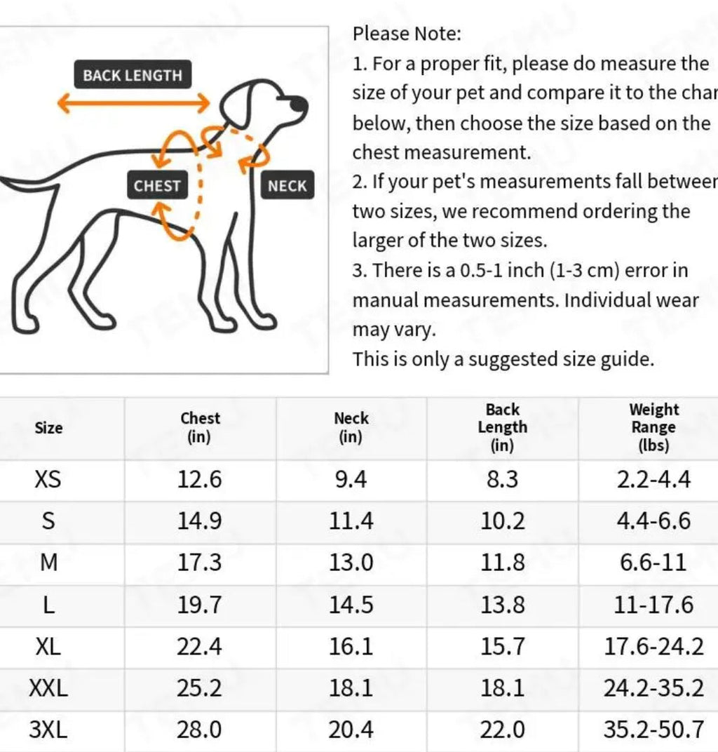 Dog size chart with measurements for chest, neck, and back length, along with a note on measurement accuracy.