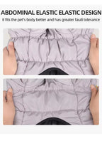 Gray pet coat with abdominal elastic design being demonstrated on a white background