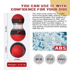 Red and black dog toy with text about its durability and material safety, including ABS and BPA-free information.