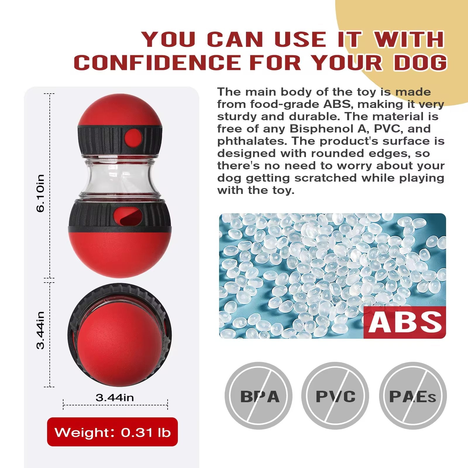 Red and black dog toy with text about its durability and material safety, including ABS and BPA-free information.