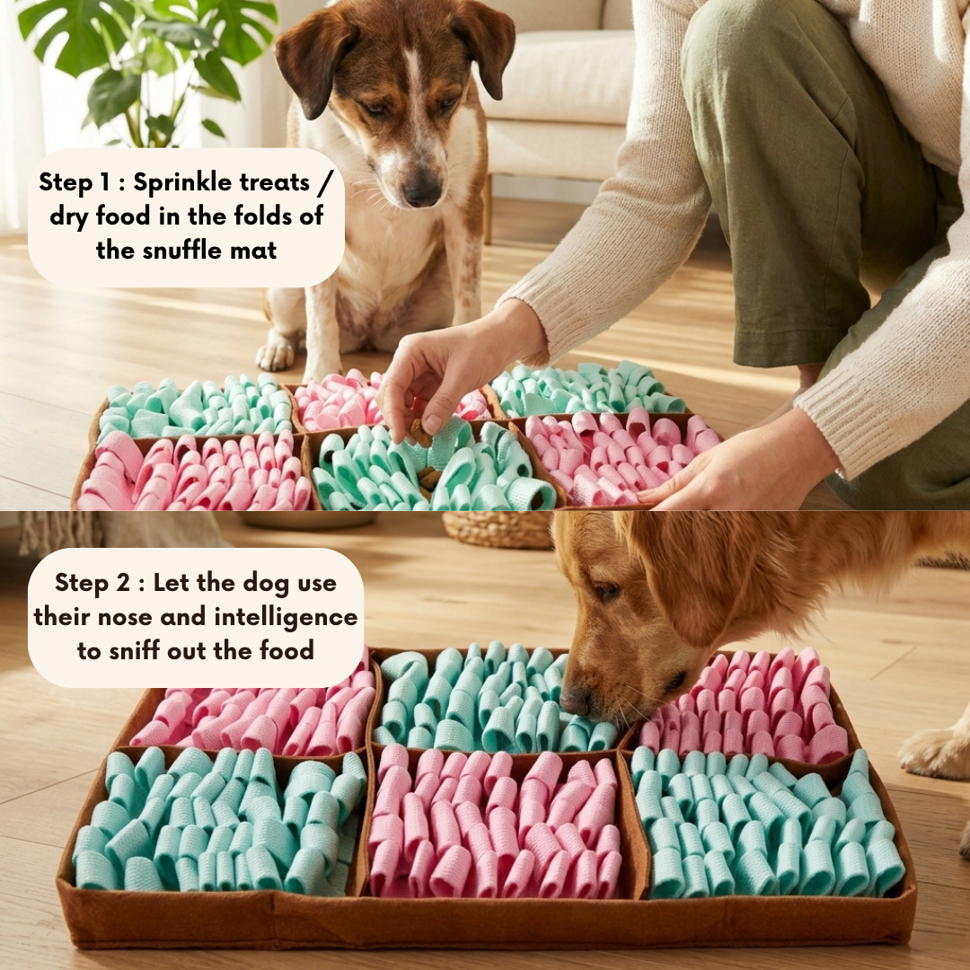 Dog interacting with a snuffle mat, with text instructions on how to use it.