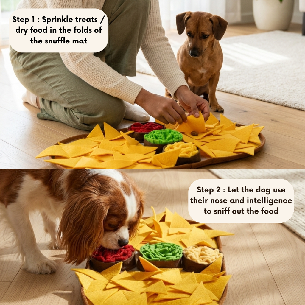 Dog playing with a snuffle mat filled with treats on a wooden floor.