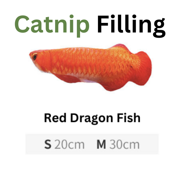 Red dragon fish toy with text indicating catnip filling and size options on a white background