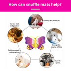Diagram showing how snuffle mats can help pets with various issues like eating too fast, destroying furniture, not playing with toys, and more.