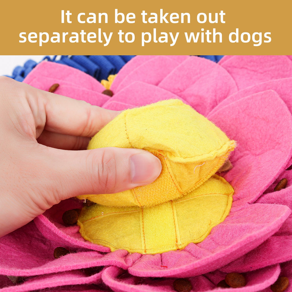 Pink flower-shaped pet toy with yellow center, held by a hand, on a pink background.