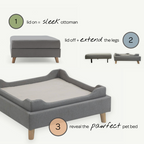 Gray pet bed with instructions on transforming it into a sleek ottoman or revealing a pawfect pet bed.
