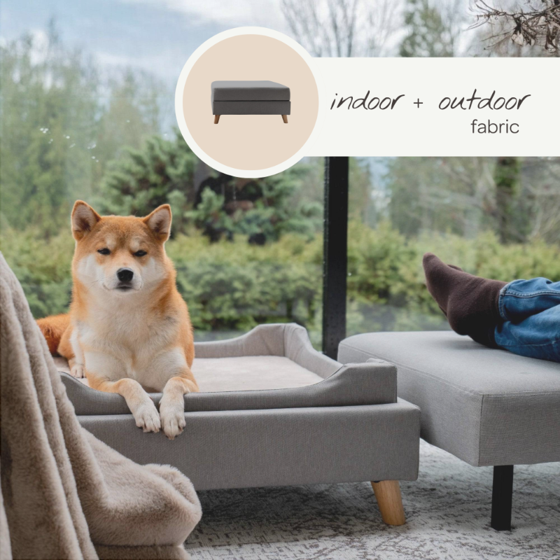 Dog on a gray pet bed with outdoor scenery in the background
