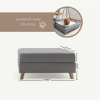Gray pet bed with dimensions and suitability for pets 30-35 lbs on a white background