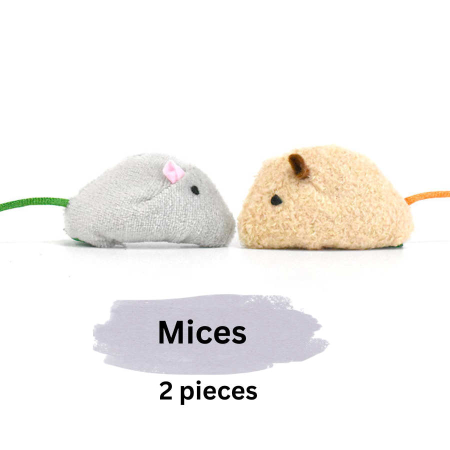 Two plush mouse toys, one gray and one beige, on a white background with 'Mices 2 pieces' text.