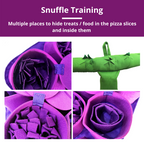 Purple and green dog snufle mat with text about snuffle training.
