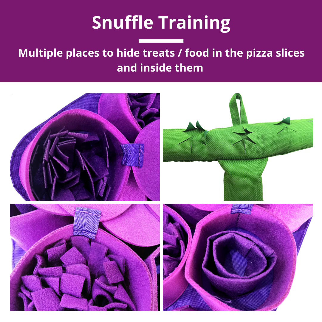 Purple and green dog snufle mat with text about snuffle training.