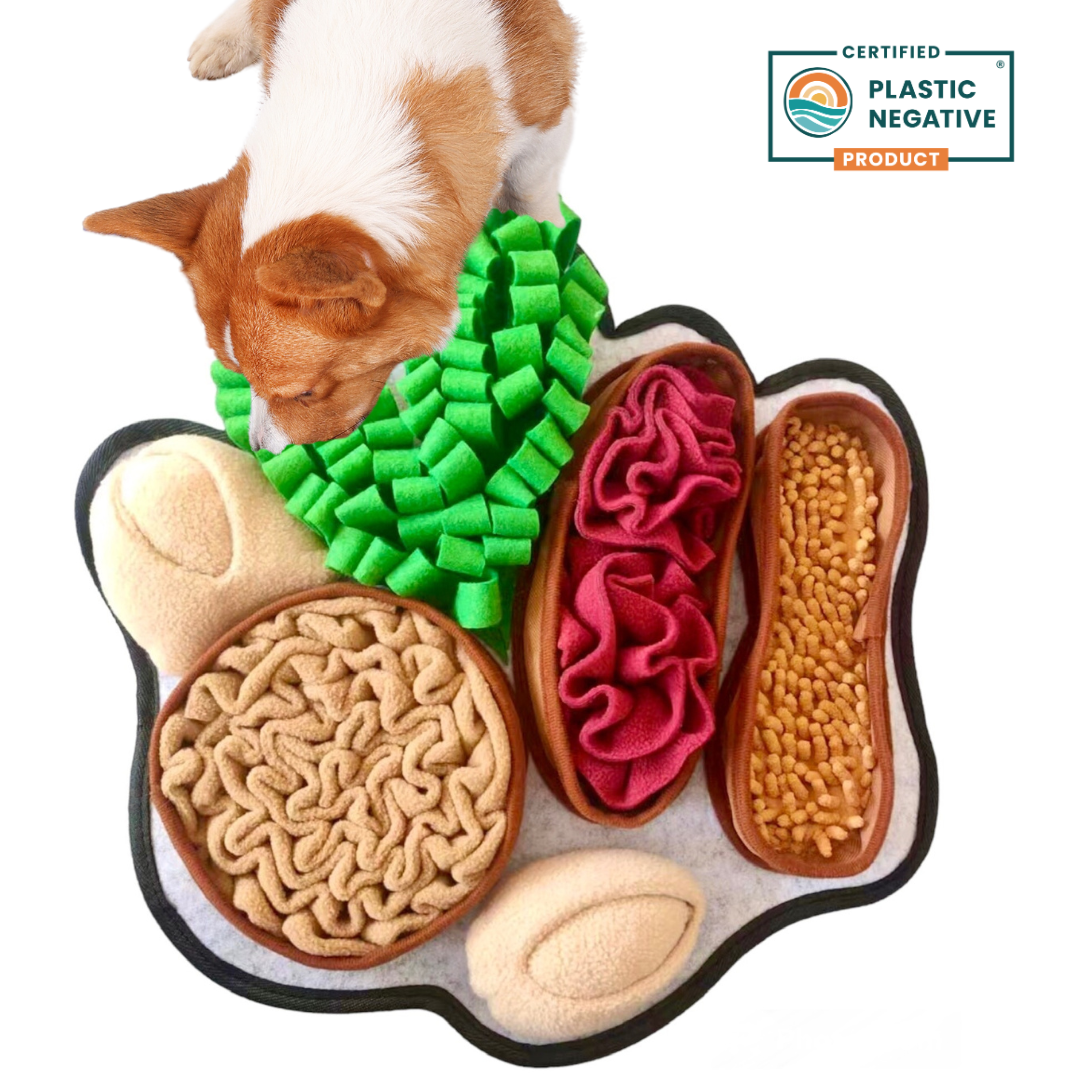 Dog toy shaped like a paw with various textures and a certified plastic-negative product label.