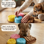 Dog playing with a snuffle mat, a puzzle toy designed to engage dogs' sense of smell.