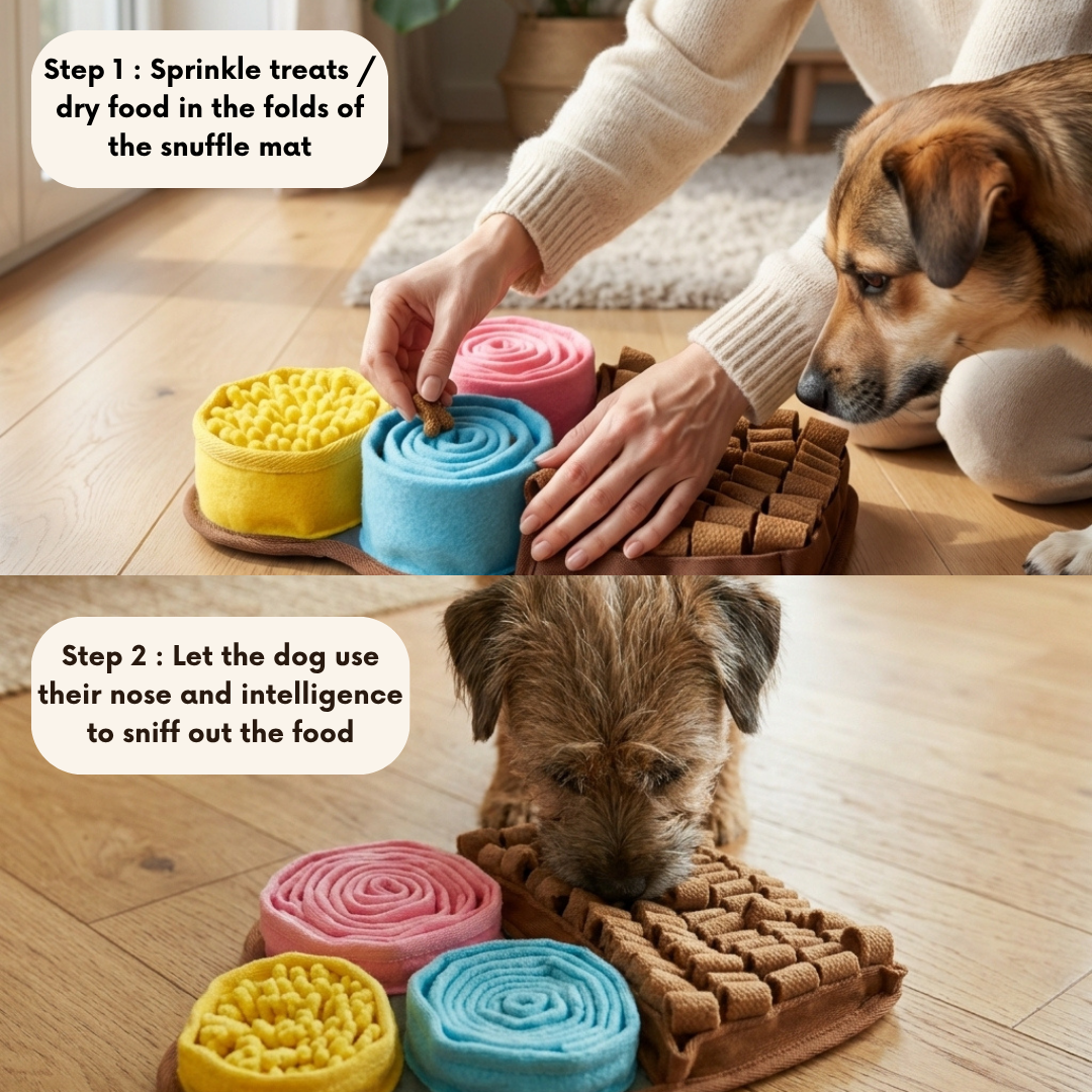 Dog playing with a snuffle mat, a puzzle toy designed to engage dogs' sense of smell.