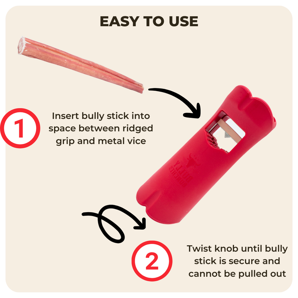 Dog stick holder with instructions on how to use it, featuring a bully stick and a metal vice.