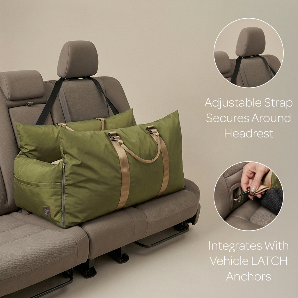 Green pet car seat with adjustable strap on a beige car interior.