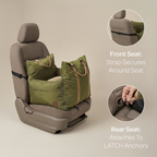 Green pet seat cover with straps on a car seat, showing attachment methods.