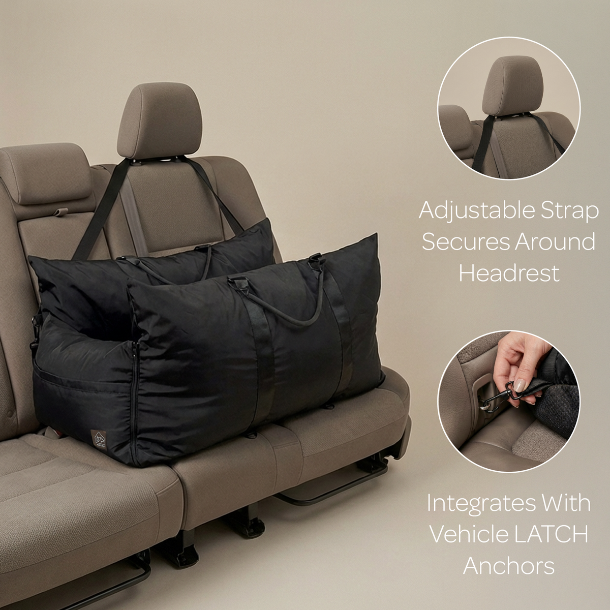 Black pet carrier with adjustable strap on a car seat, showing how it secures around the headrest.