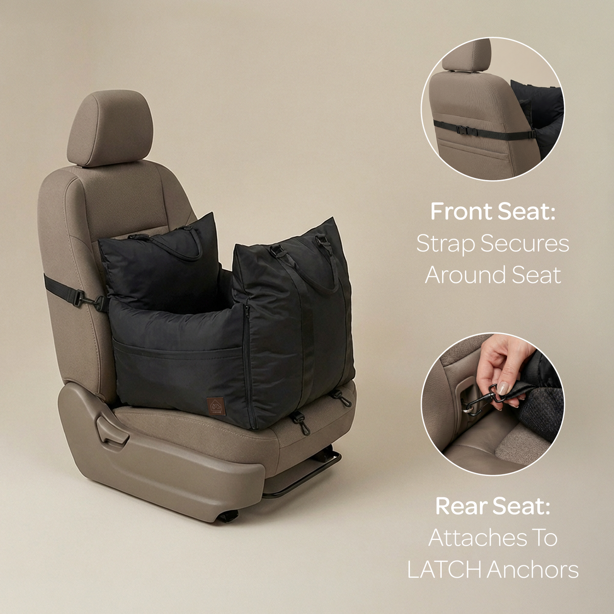 Pet car seat with strap securing around a beige car seat, showing attachment to LATCH anchors.