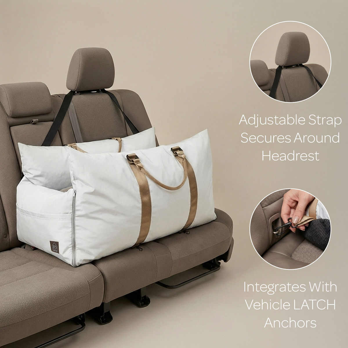 Pet car seat with a white bag secured using an adjustable strap, with close-up insets showing the strap and LATCH system.