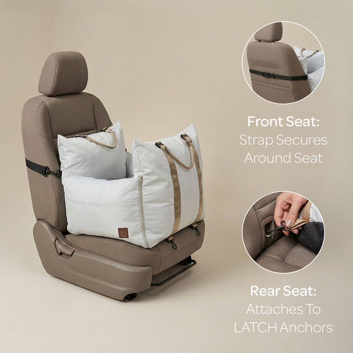 Pet car seat cover with straps and LATCH anchors on a beige background