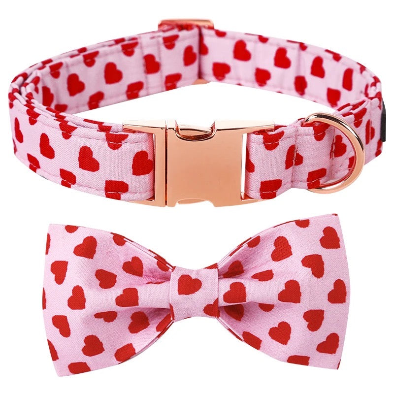 Dog collar and bow tie set with red heart pattern on pink fabric