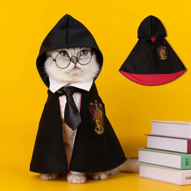 Cat wearing a Harry Potter-themed cape with a yellow background