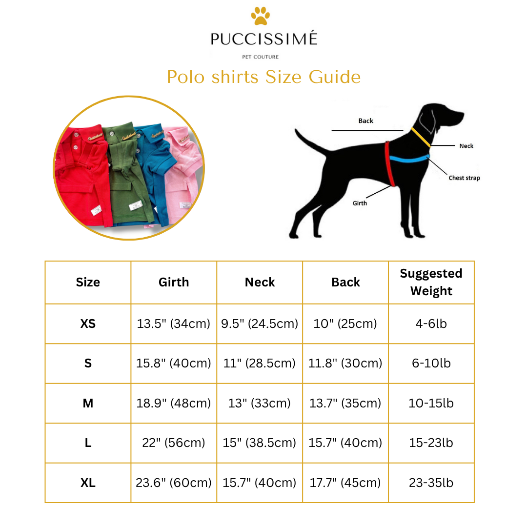 Puccissime dog polo shirt size guide with a diagram of a dog and color swatches.