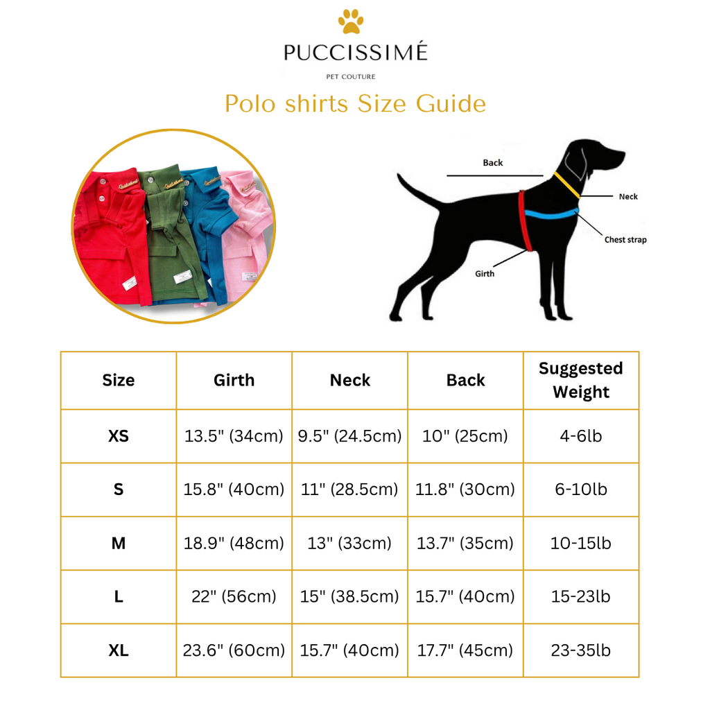 Puccissime dog polo shirt size guide with a diagram of a dog and color swatches.