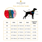 Puccissime dog polo shirt size guide with a diagram of a dog and color swatches.