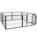 Black metal pet playpen with multiple sections on a white background